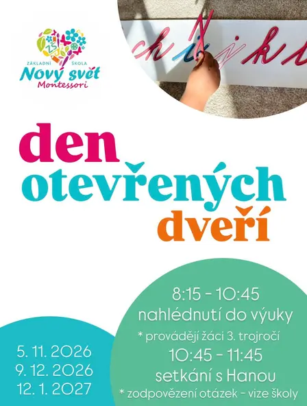 Prožijte Montessori naživo, na vlastní kůži.
Pozorujte, ptejte se a objevujte, jak Montessori funguje v každodenní praxi.
Čekají vás tři termíny, během kterých vás školou provedou naši žáci 3. trojročí. Nahlédnete do výuky a společně s dětmi si můžete vyzkoušet Montessori aktivity.
Setkáte se také s Hanou, která zodpoví vaše otázky, pomůže zasadit vaše postřehy do kontextu a představí vám vizi i fungování školy.
Těšíme se na vás! 🤍